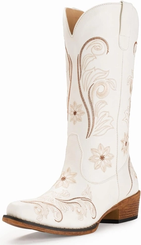 IUV Cowboy Boots For Women Mid Calf Cowgirl Boots Embroidered Pull-On Tabs Snip Toe Boot