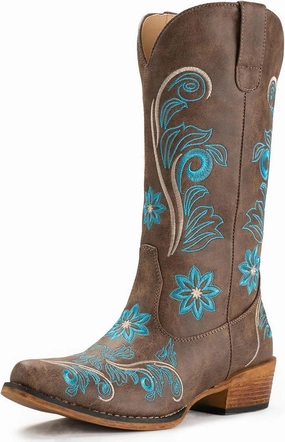 IUV Cowboy Boots For Women Mid Calf Cowgirl Boots Embroidered Pull-On Tabs Snip Toe Boot