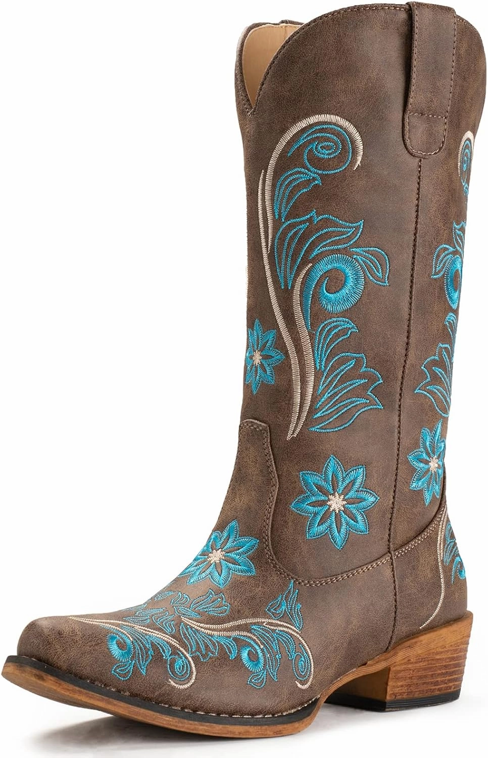 IUV Cowboy Boots For Women Mid Calf Cowgirl Boots Embroidered Pull-On Tabs Snip Toe Boot