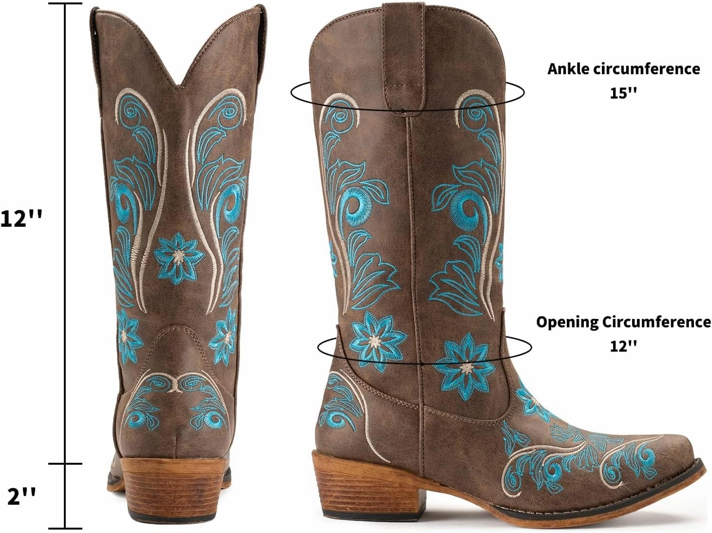 IUV Cowboy Boots For Women Mid Calf Cowgirl Boots Embroidered Pull-On Tabs Snip Toe Boot