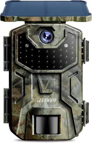 iZEEKER Solar Trail Camera 36MP 2.7K 30fps with Night Vision 5200 mAh Rechargeable Lithium Battery No Glow Infrared LEDs, Game Camera with Motion Activated IP66 Waterproof for Outdoor Monitoring