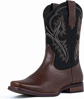 J's.o.l.e Men's Western Cowboy Boots Square Toe Boots for Men Mid Calf Country Boots Classic Embroidered with Pull On Tabs Brown