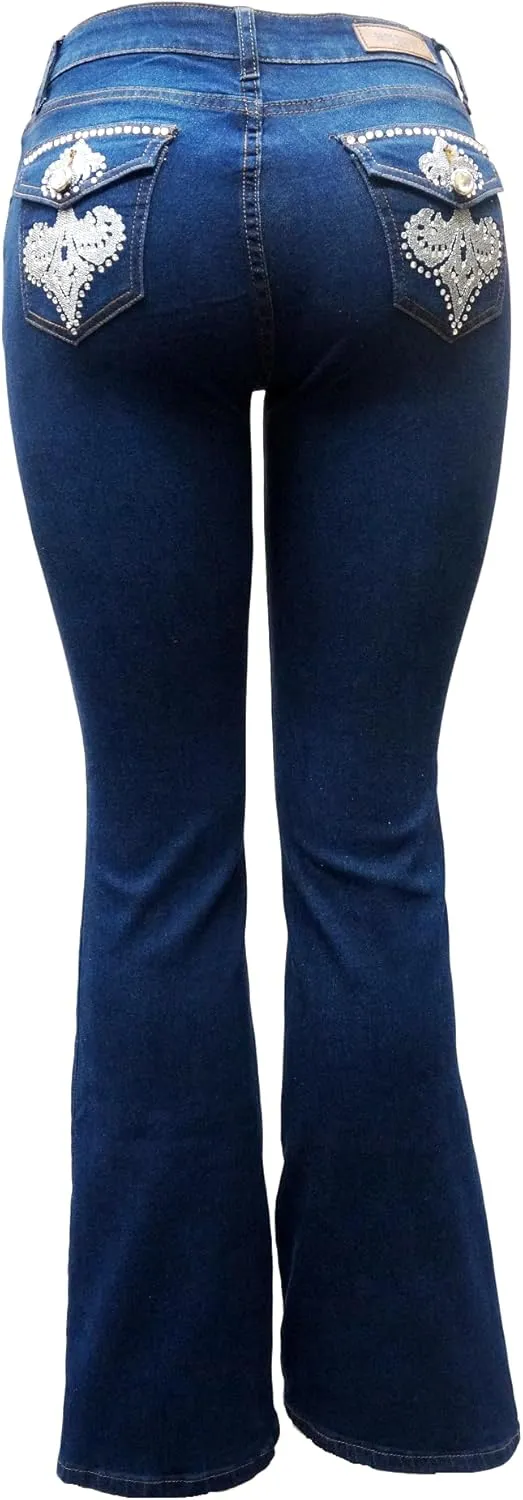 Jack David/Sweet Look Jean Classic Rhinestone Studded Denim Bootcut/Skinny Jeans Stretch