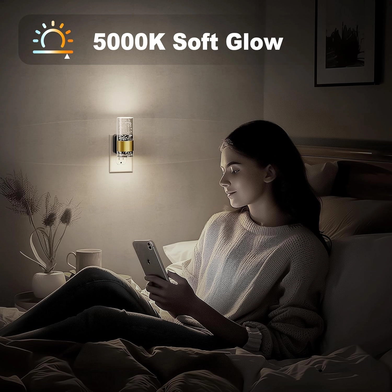 JandCase Night Light, Night Lights Plug into Wall, 2 Pack Dimmable LED Night Light with Adjustable Brightness, Automatic Night Lights Plug in with Auto Light Sensor, 5000K for Bathroom Hallway Decor