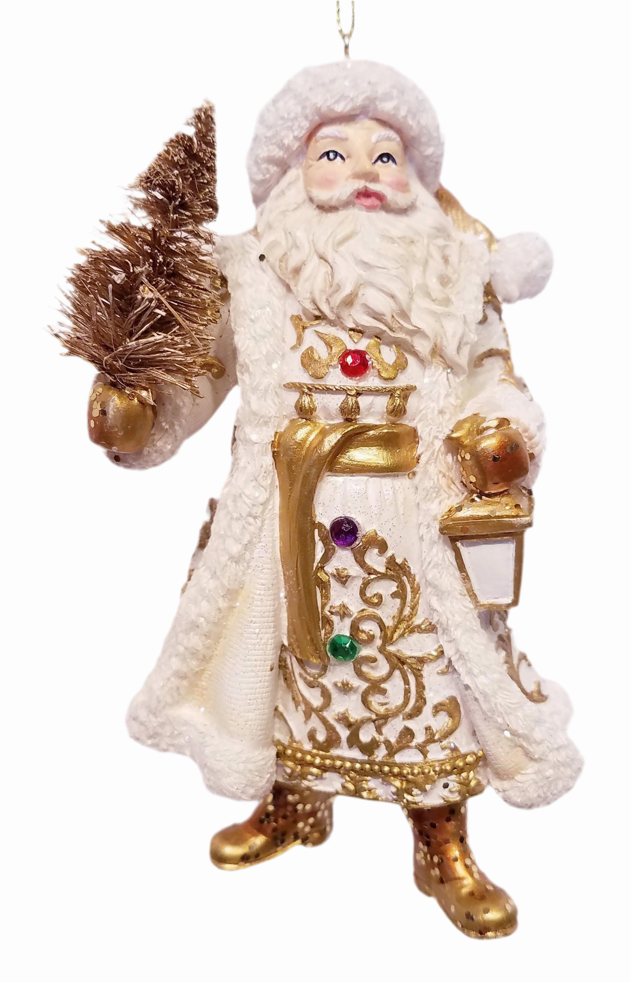 Jeweled White and Gold Santa Ornaments, 2 Assorted