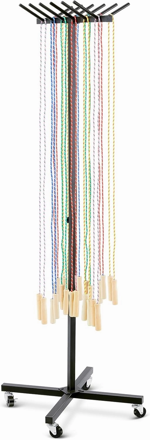 Jump Rope Cart with Wheels Jump Rope Tree Black Sports Equipment Cart Heavy Duty Metal Holder for Cord Wire Belt Hose Storage PE Gym School, Hold More Than 200 Cord, 23.6 x 19.7 x 65 Inch