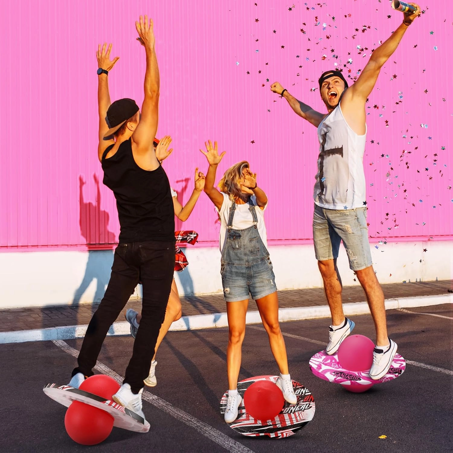 Junkin 2 Pcs Pogo Ball Trick Board Toy Balance Board Pogo Balance Bounce Ball with Pump and Strong Grip Deck for Fun Challenge Fidget Indoor,Outdoor Toys(Red, Pink,Fashion Style)