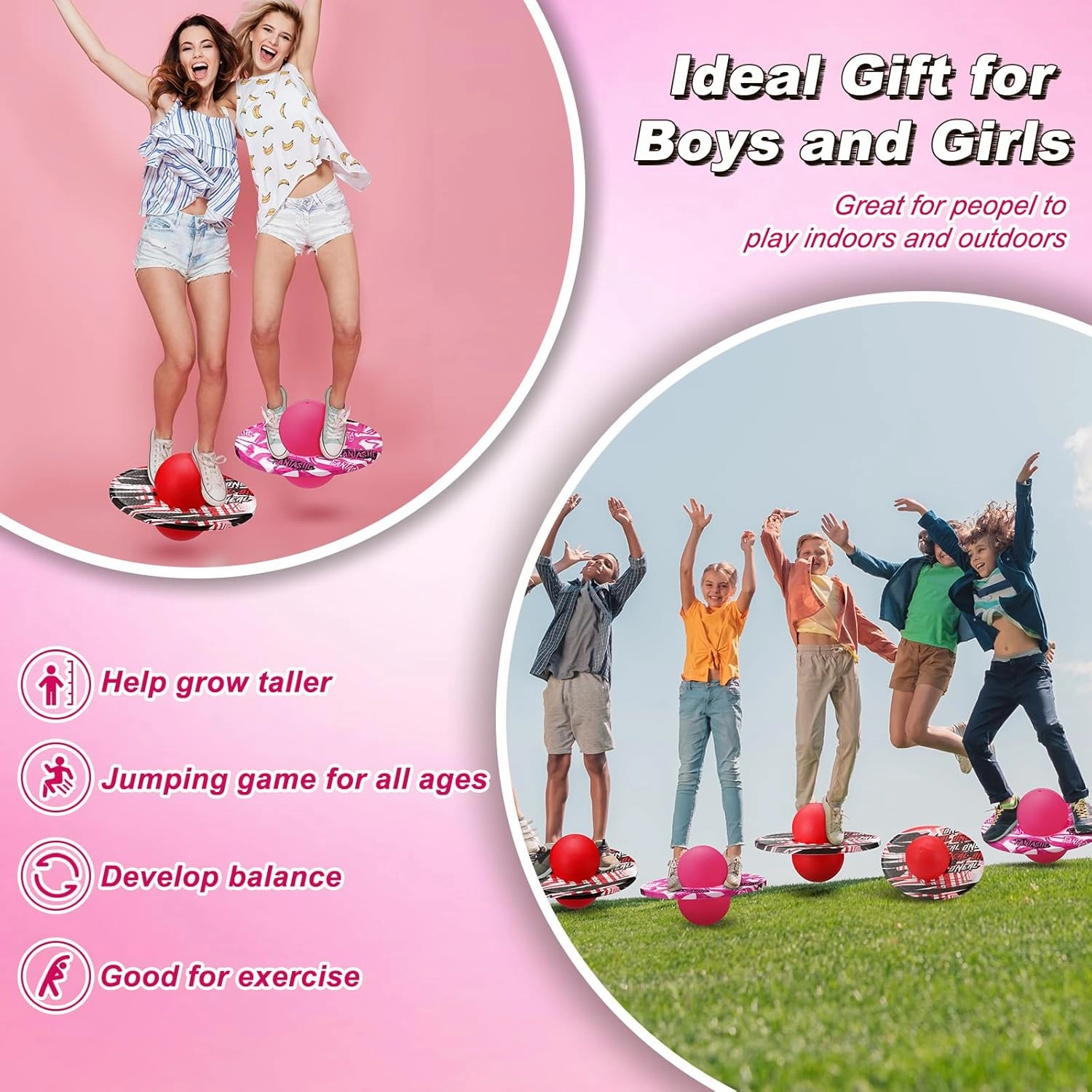 Junkin 2 Pcs Pogo Ball Trick Board Toy Balance Board Pogo Balance Bounce Ball with Pump and Strong Grip Deck for Fun Challenge Fidget Indoor,Outdoor Toys(Red, Pink,Fashion Style)