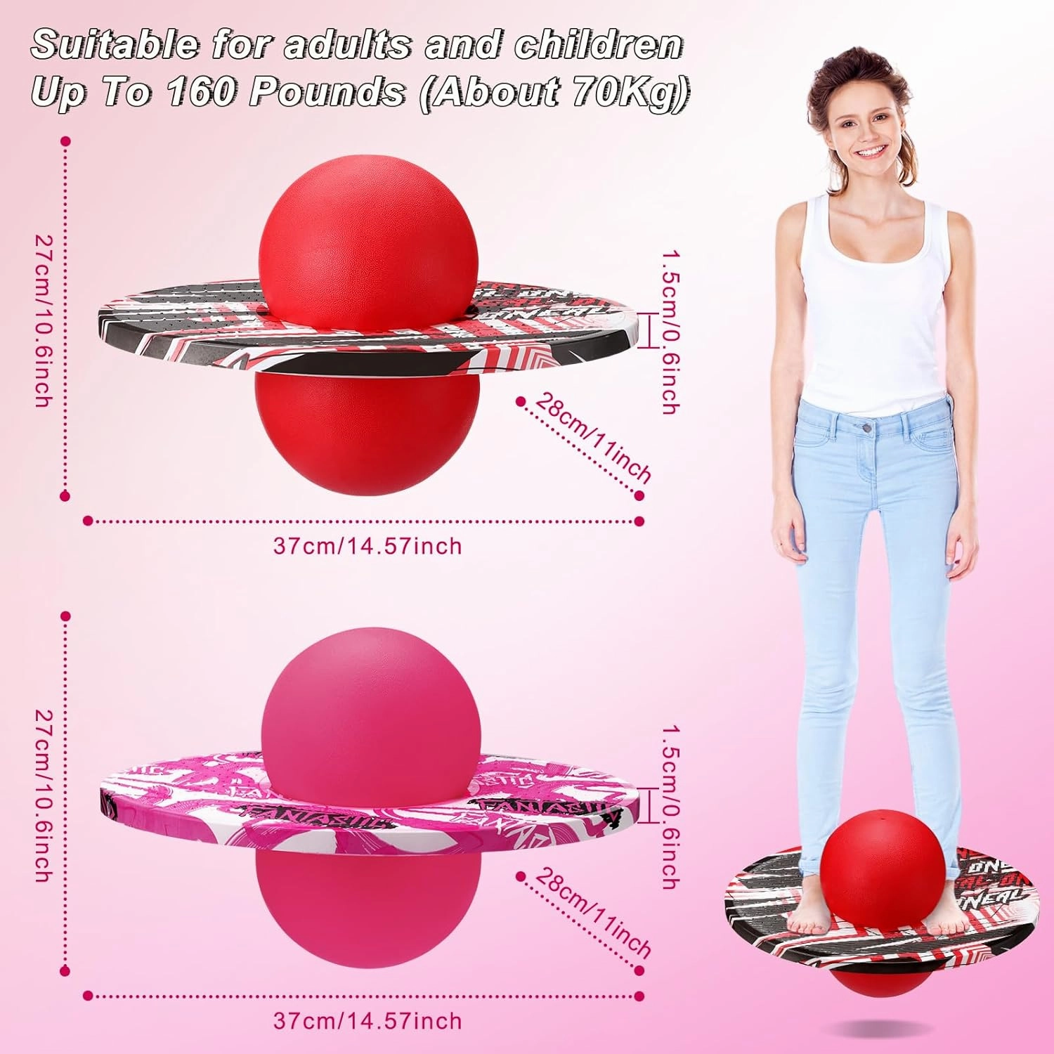 Junkin 2 Pcs Pogo Ball Trick Board Toy Balance Board Pogo Balance Bounce Ball with Pump and Strong Grip Deck for Fun Challenge Fidget Indoor,Outdoor Toys(Red, Pink,Fashion Style)