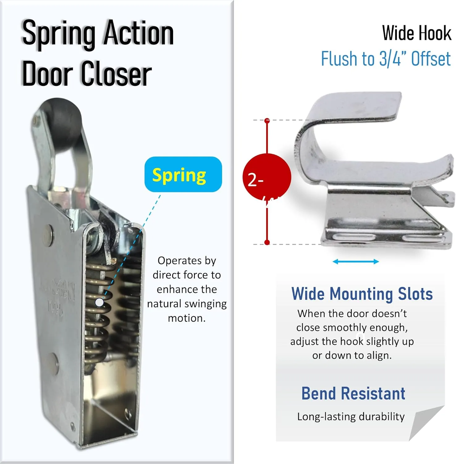 Kason 1095 Spring Action Door Closer for Heavy Walk-in Coolers/Freezers with Adjustable Wide Hook, Flush to 3/4" Offset