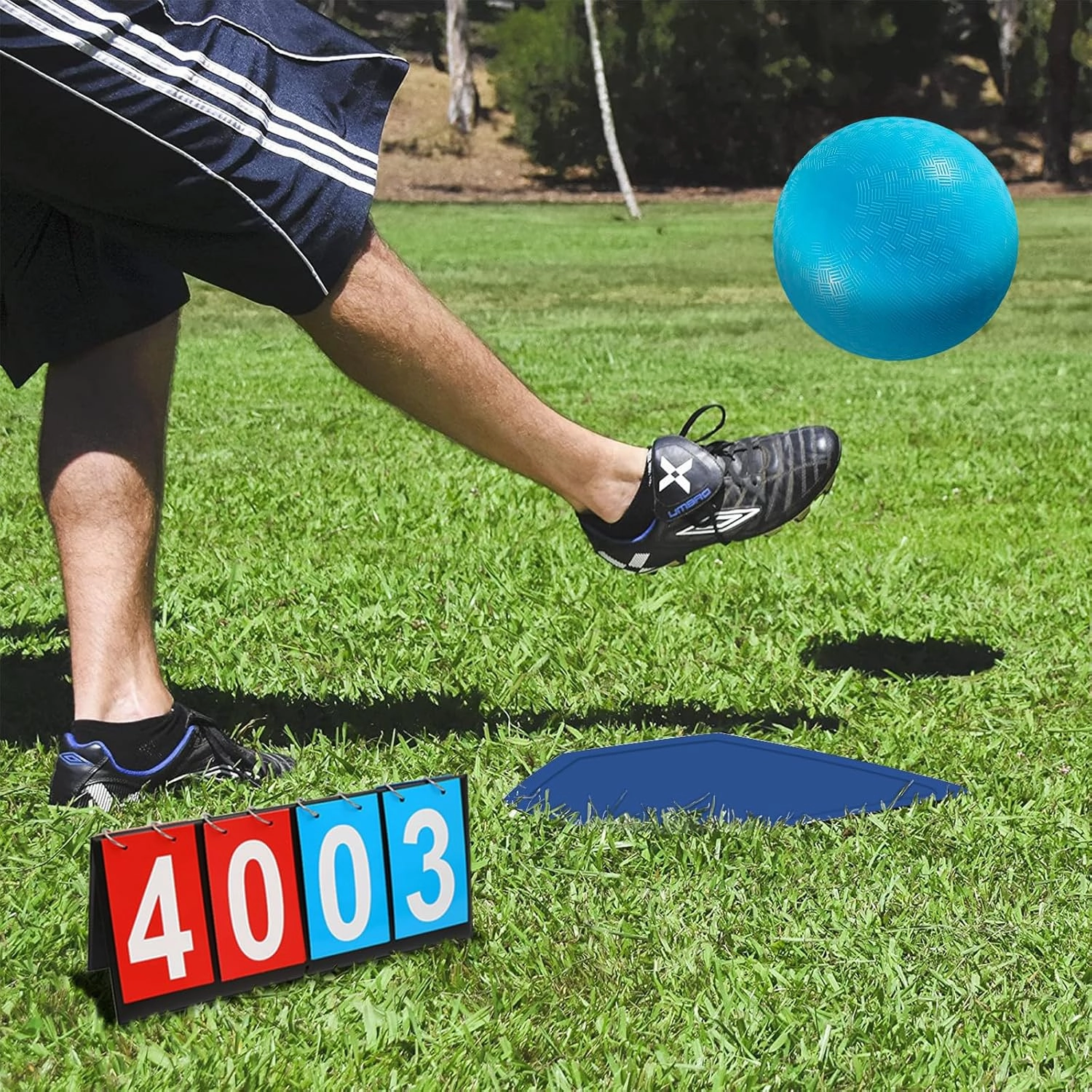 Kickball Set with Bases and Ball - 8.5" Kickball, Rubber Throw Down Bases, Sports Traning Cones, 12" Pump and 14" Scoreboard - Perfect for Kids and Adults - Playground and Backyard Game