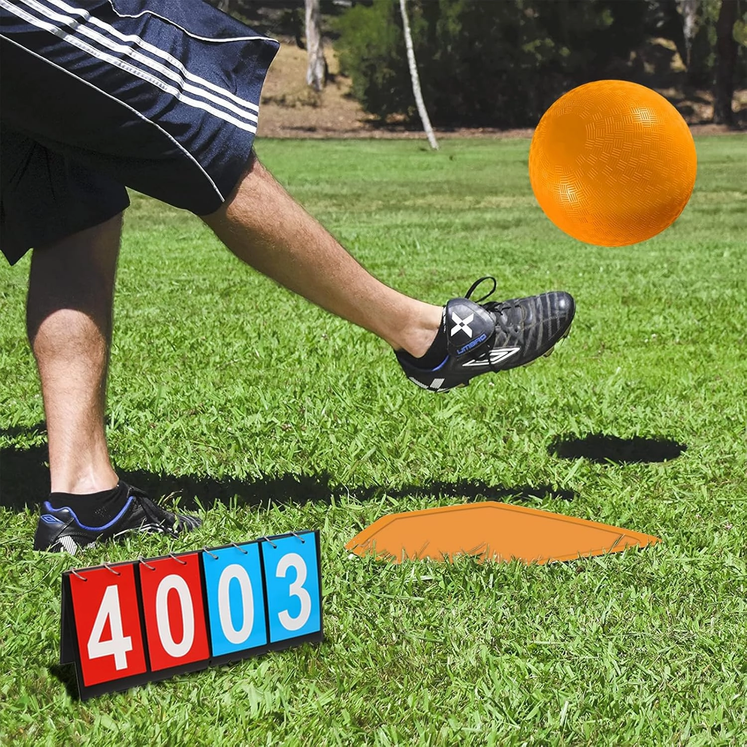 Kickball Set with Bases and Ball - 8.5" Kickball, Rubber Throw Down Bases, Sports Traning Cones, 12" Pump and 14" Scoreboard - Perfect for Kids and Adults - Playground and Backyard Game