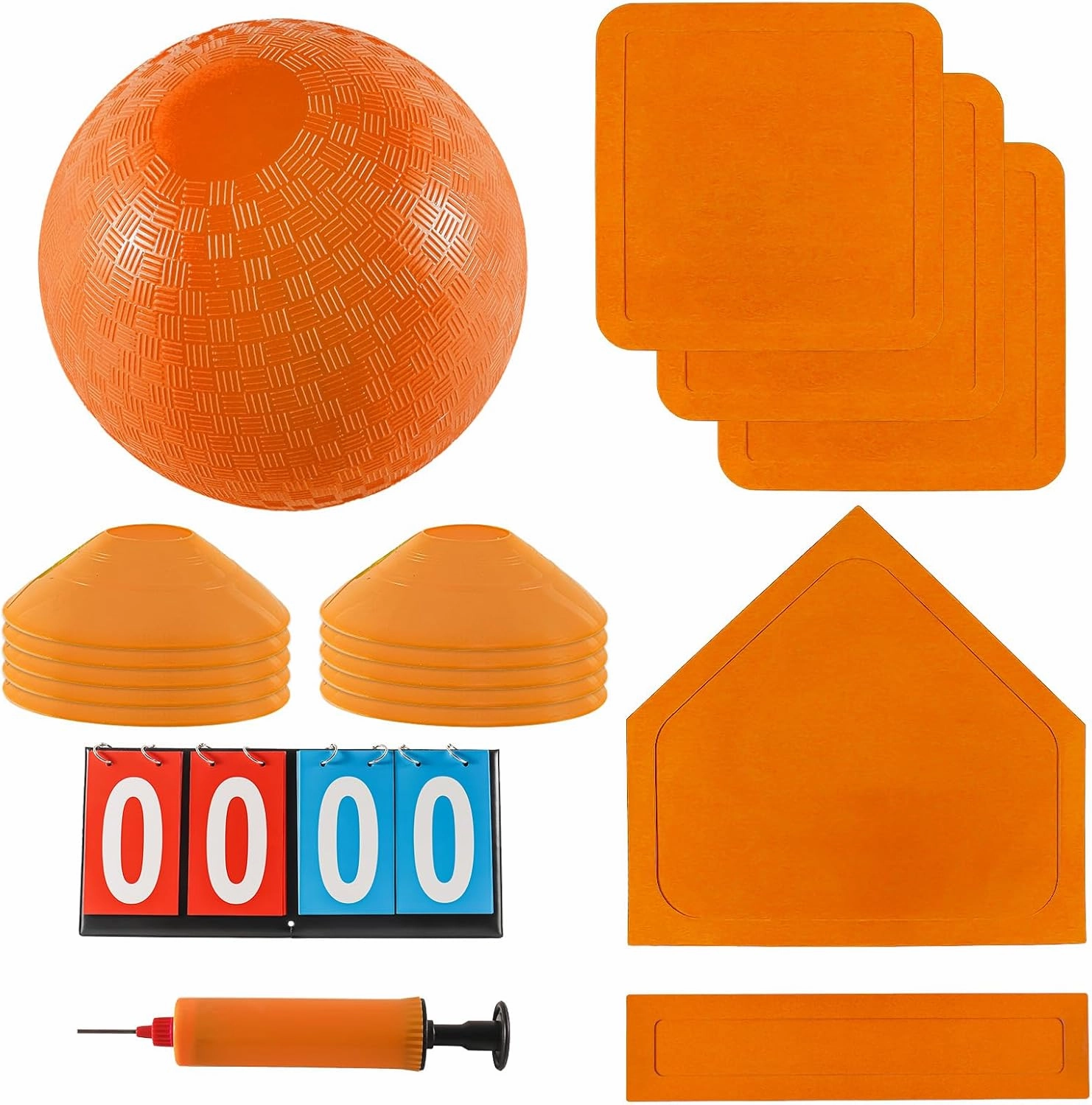 Kickball Set with Bases and Ball - 8.5" Kickball, Rubber Throw Down Bases, Sports Traning Cones, 12" Pump and 14" Scoreboard - Perfect for Kids and Adults - Playground and Backyard Game