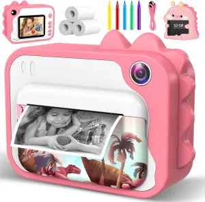 Kids Camera Instant Print 1080p Instant Camera for Kids Aged 3-12 Ink Free Printing Dinosaur Toddler Toy Christmas Birthday Gifts for Boys Girls 3-12 Years Old (Pink)
