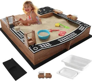 Kids Wooden Sandbox with Fun Sand Play Theme,2 Toy Buckets & 3 Reinforced Benches Outdoor Sand Box for Backyard Garden Patio Lawn Cedar Wood Sandpit w/Magnetic Truck,Bottom Liner - Brown