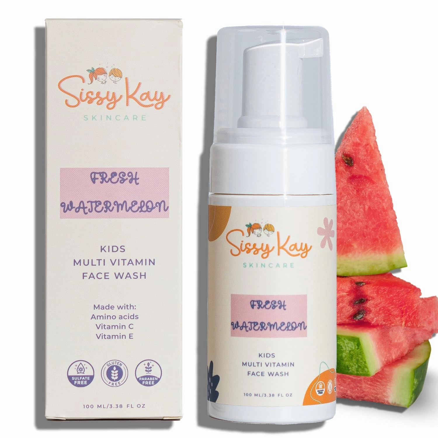 Kids Face Wash - Foaming Face Wash For Kids - Gentle Skin Care - Natural Face Cleanser With Vitamin C & Vitamin E - For Girls and Boys - Tear Free - Sensitive Skin - Watermelon - 100 ml