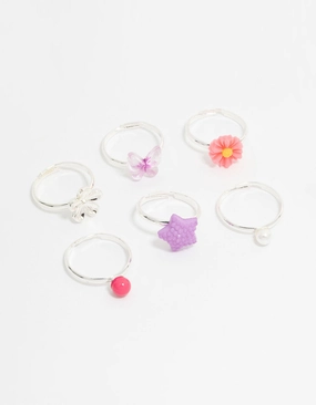 Kids Silver Pearl & Ombre Butterfly Fashion Rings 6-Pack