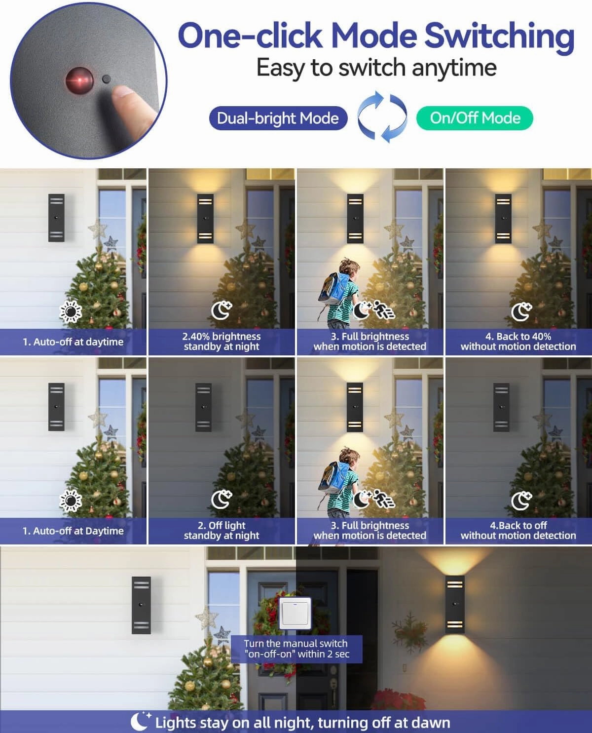 KIZON Outdoor Lights with Motion Sensor, Dusk to Dawn Outdoor Light Fixture Wall Mount, 3 Lighting Modes Aluminum Up and Down Lights for House Porch Garage Front Door
