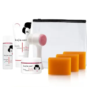Kojie San Face & Body Complete Brightening Set - 3 x 100g Bars Soap, Body Lotion, Face Cream, Toner, and Face Cleansing Brush - 7pcs