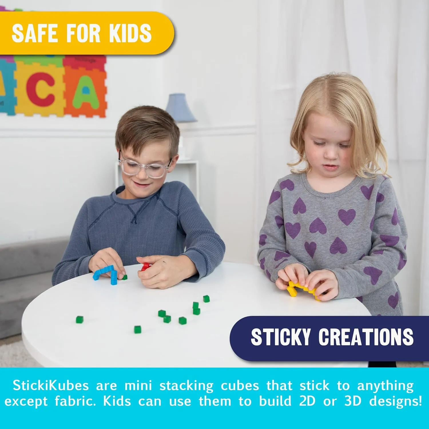 KOMARC GAMES StickiKubes, Mini Stacking Cubes That Stick to Anything, Non Toxic Kid Safe Sticky Blocks, Creative Construction Toy - 125 Cubes, 4 Colors, Tub