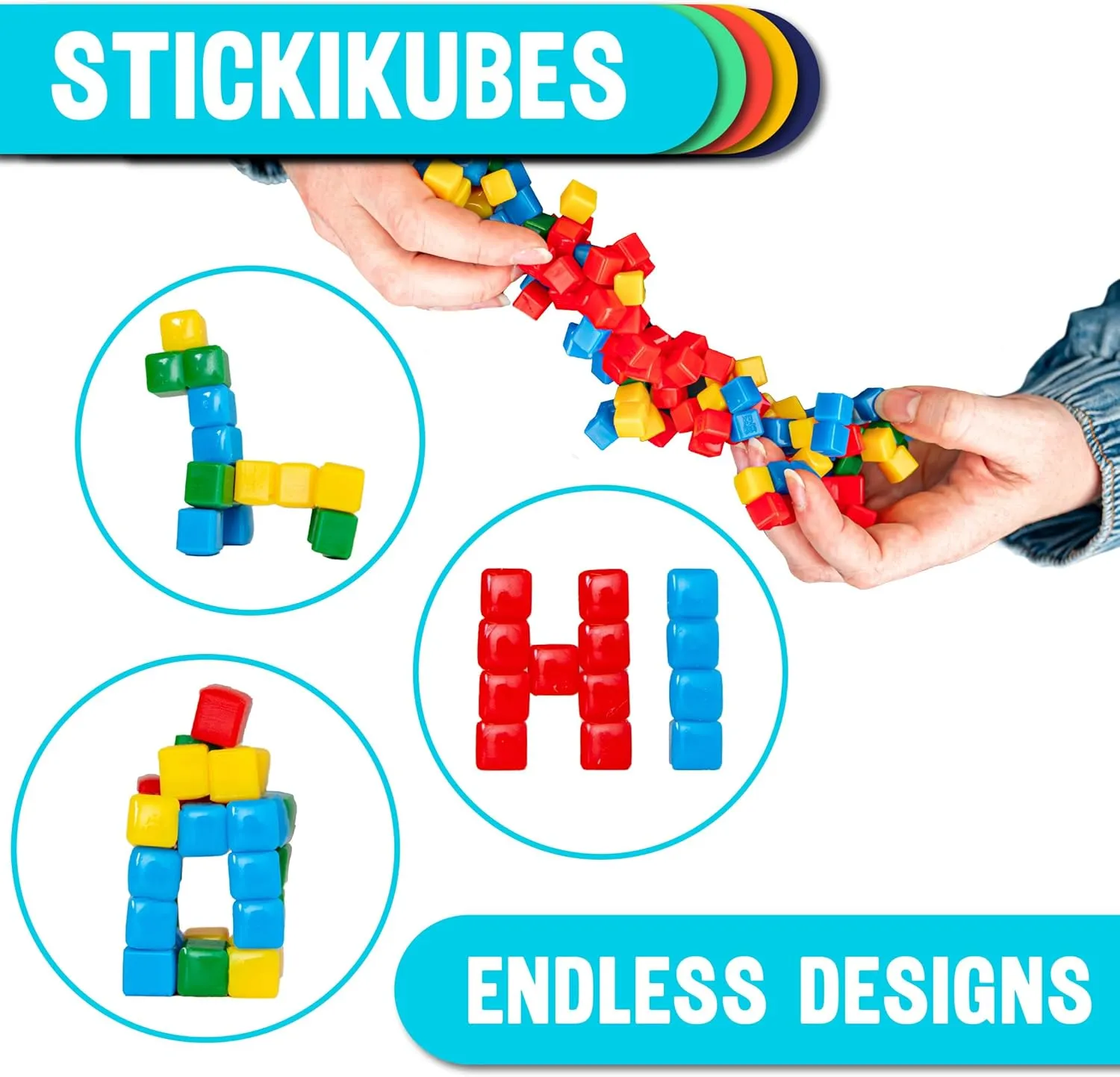 KOMARC GAMES StickiKubes, Mini Stacking Cubes That Stick to Anything, Non Toxic Kid Safe Sticky Blocks, Creative Construction Toy - 125 Cubes, 4 Colors, Tub