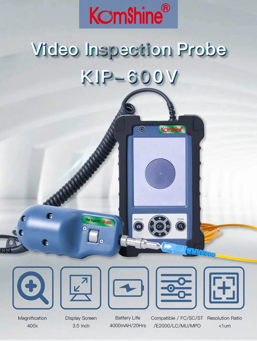 Komshine Fiber Optic Inspection Video Probe KIP-600V 400X Magnification Real-time Video Recording   4 UPC Tips   3.5 inch HD LCD Display   4,000mAh Large Battery Capacity FTTX Tool