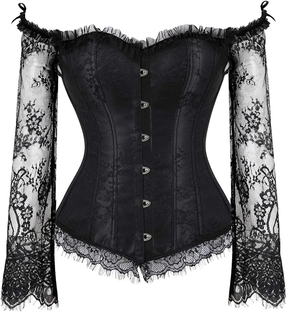 Kranchungel Corsets for Women Victorian Off Shoulder Overbust Corset Lace Long Sleeves Bustier