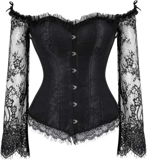 Kranchungel Corsets for Women Victorian Off Shoulder Overbust Corset Lace Long Sleeves Bustier