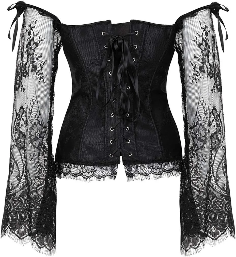 Kranchungel Corsets for Women Victorian Off Shoulder Overbust Corset Lace Long Sleeves Bustier