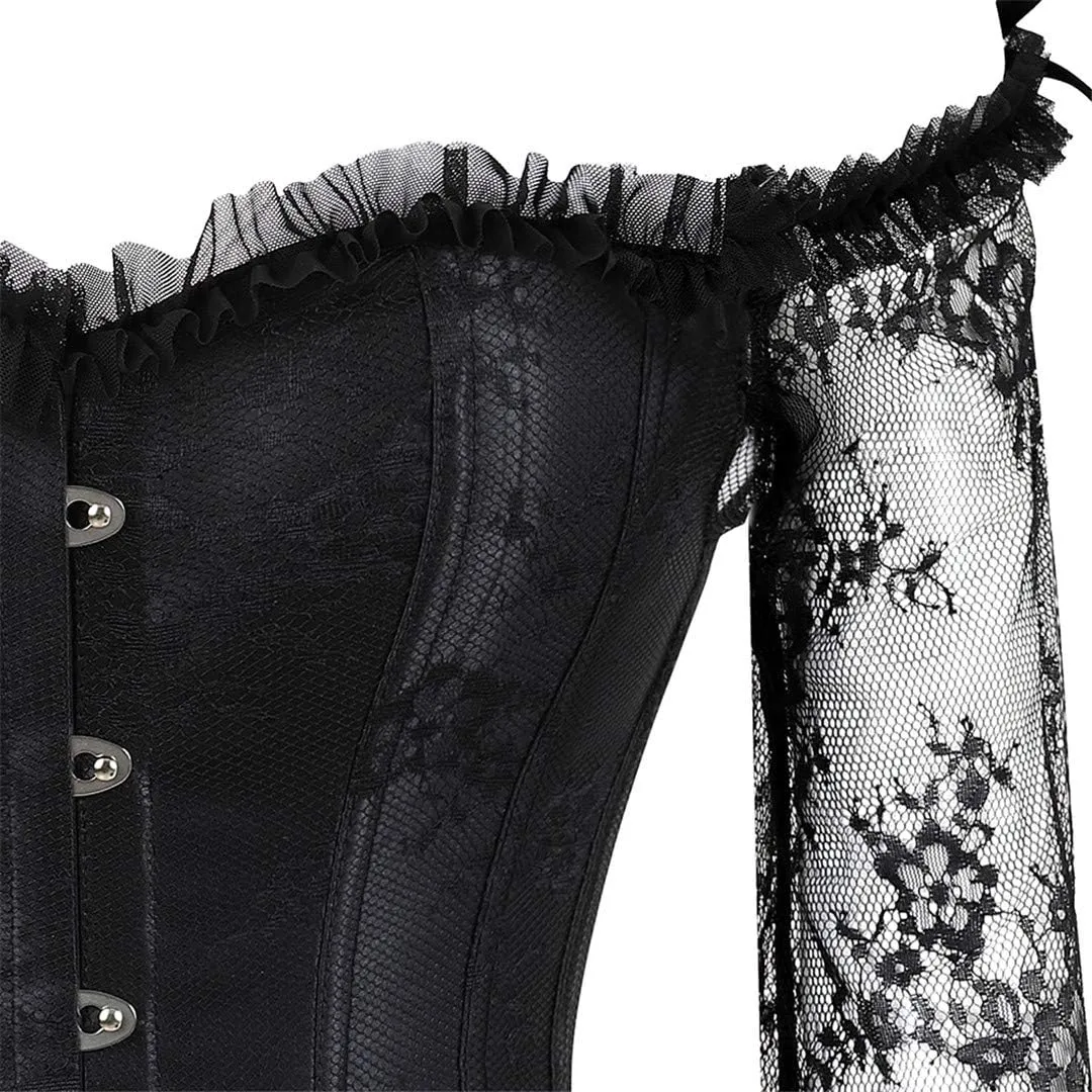 Kranchungel Corsets for Women Victorian Off Shoulder Overbust Corset Lace Long Sleeves Bustier