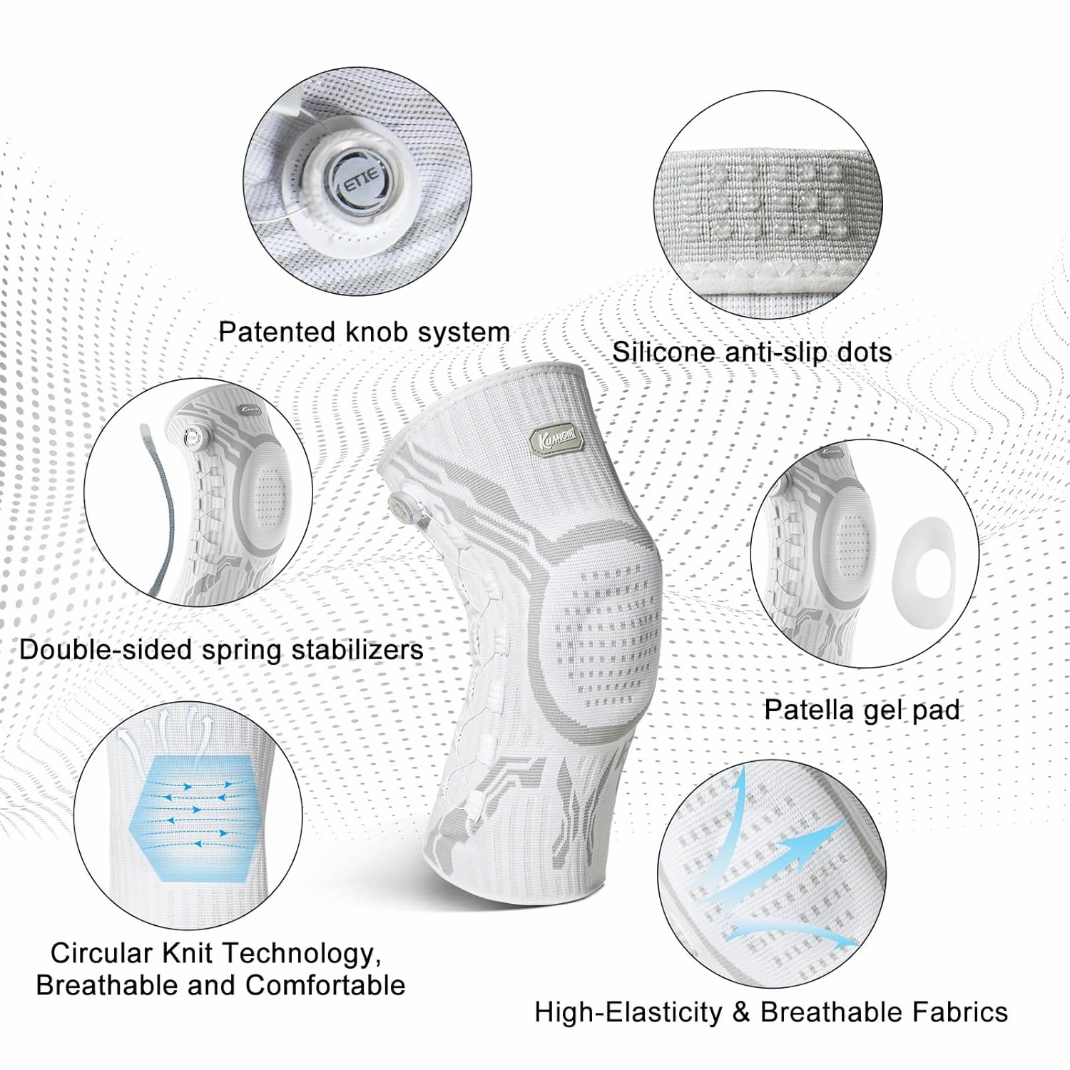 Kuangmi Knob Knee Brace for Pain Relief, Knee Support with Patella Gel Pad & Side Stabilizers, Compression Knee Sleeve for Workout, Arthritis, Joint Pain, Meniscus Tear (White,Left,X-Large,Single)