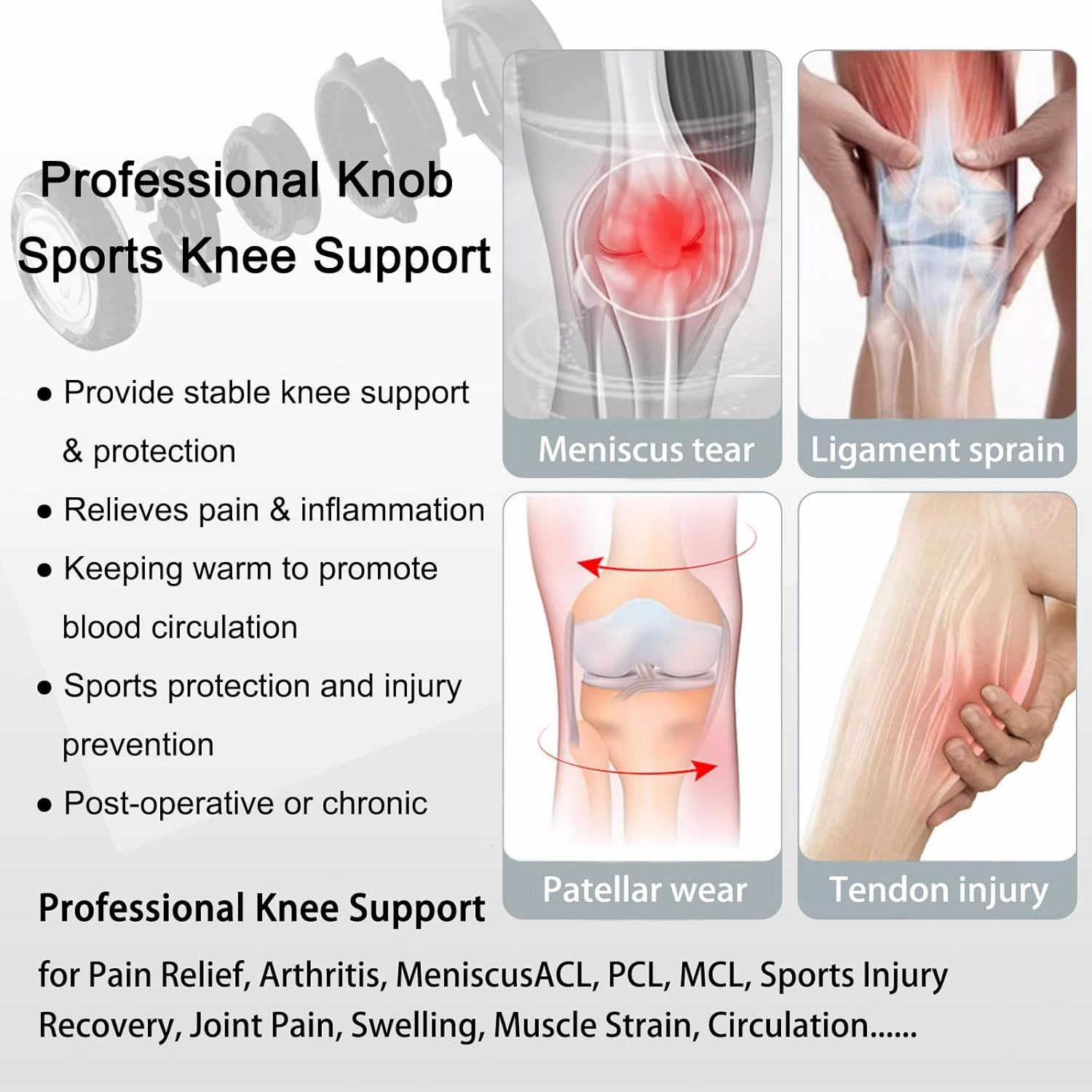 Kuangmi Knob Knee Brace for Pain Relief, Knee Support with Patella Gel Pad & Side Stabilizers, Compression Knee Sleeve for Workout, Arthritis, Joint Pain, Meniscus Tear (White,Left,X-Large,Single)