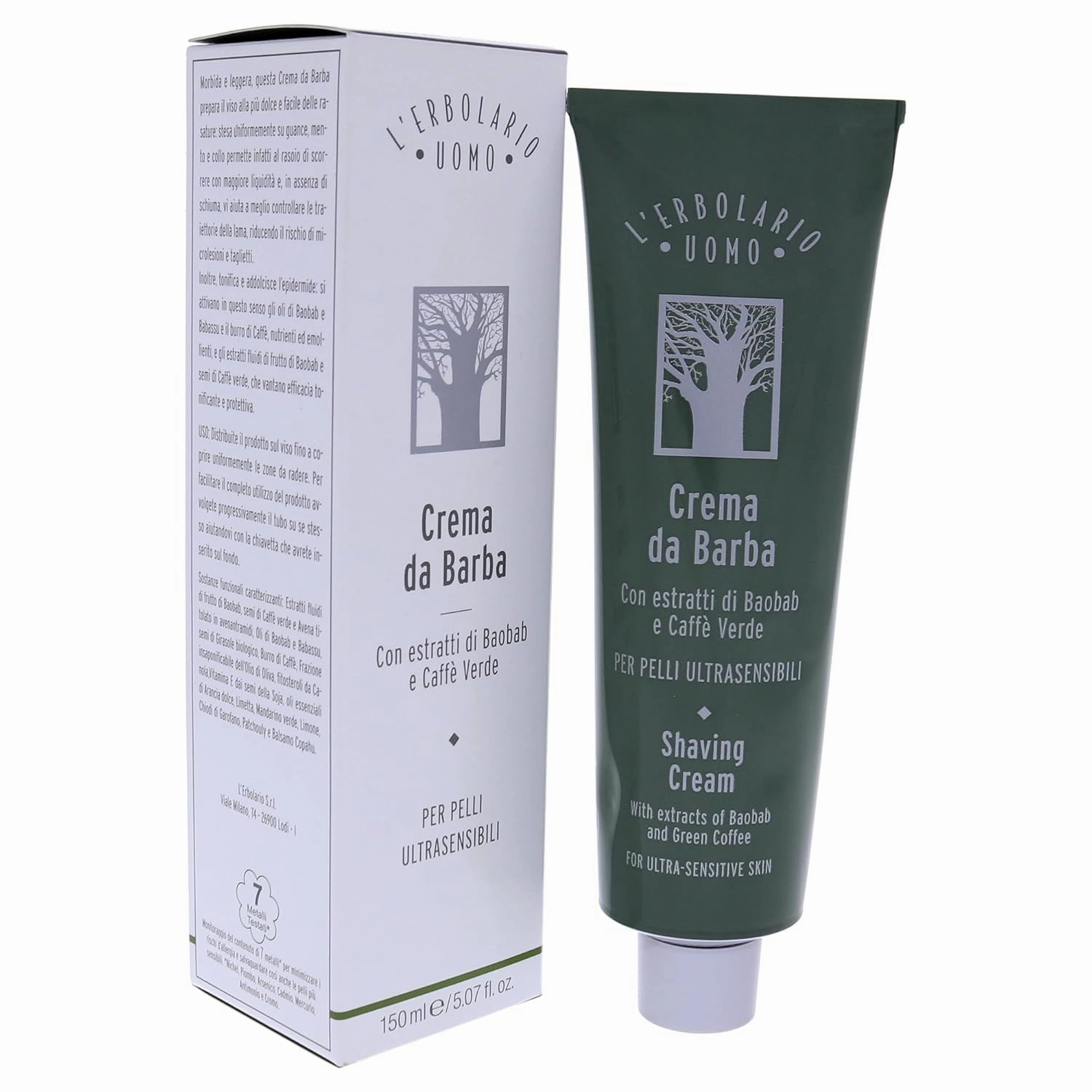 L'Erbolario Baobab and Green Coffee Shaving Cream - Non Foaming for More Razor Control - Emollient Action Prepares Your Skin for A Very Gentle and Easy Shave - Tones and Softens Your Skin - 5.07 Oz