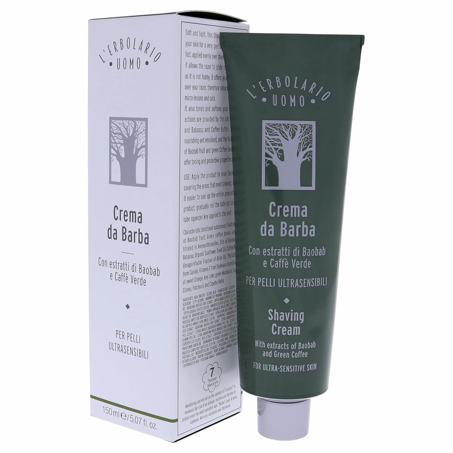 L'Erbolario Baobab and Green Coffee Shaving Cream - Non Foaming for More Razor Control - Emollient Action Prepares Your Skin for A Very Gentle and Easy Shave - Tones and Softens Your Skin - 5.07 Oz