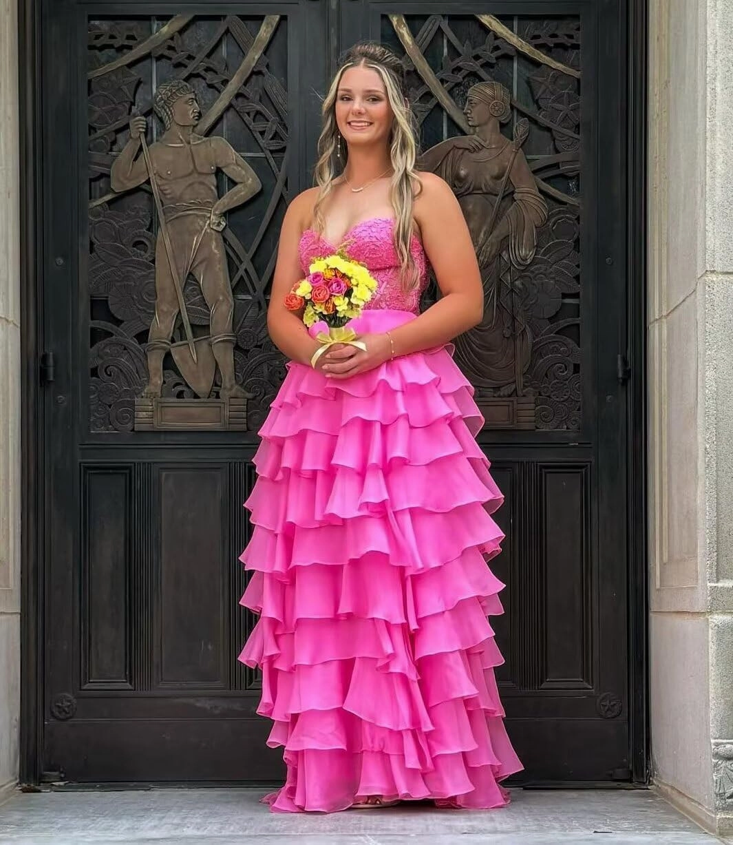 Lace Tiered Prom Dress with Slit 2025 Ruffle Sweetheart Spaghetti Strap Chiffon Formal Evening Dress IMC057