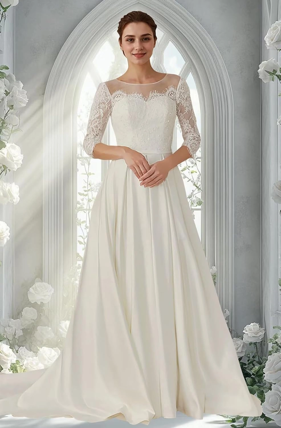 Lace Wedding Dresses for Bride Beach Long Sleeve Wedding Gown Ball Gown Bridal Dress for Women