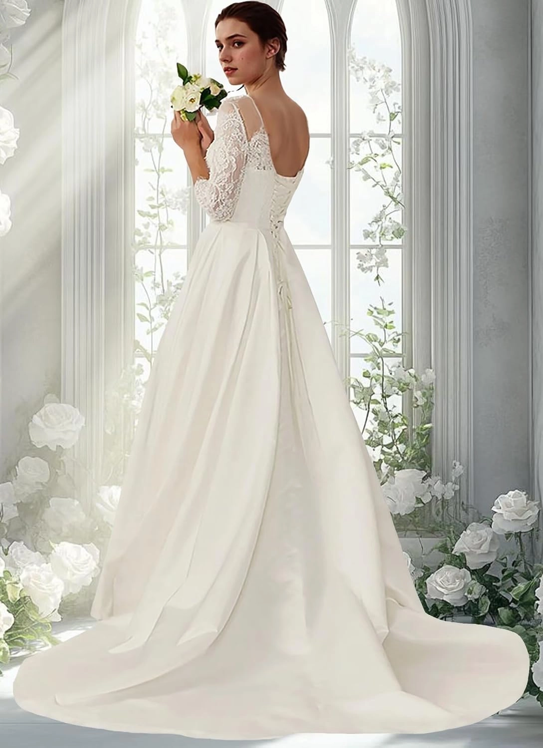 Lace Wedding Dresses for Bride Beach Long Sleeve Wedding Gown Ball Gown Bridal Dress for Women