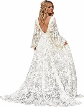 Lace Wedding Dresses for Bride Beach Long Sleeve Wedding Gown Ball Gown Bridal Dress for Women
