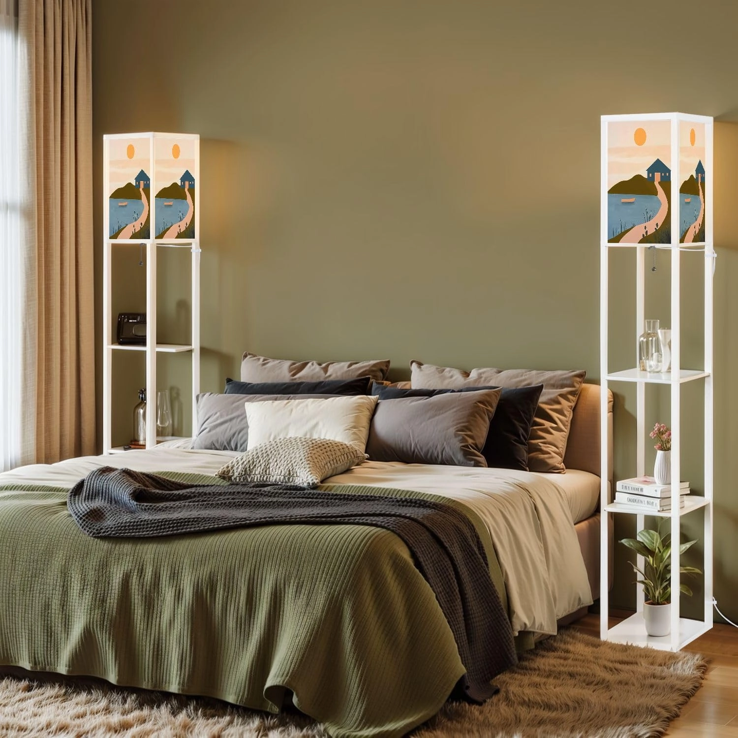 Landscape Abstract Boho House Aesthetic Minimal Nature Floor Lamps with Shelves, Modern Standing Lamp Narrow Corner Display Bookshelf Lamp for Living Room, Bedroom, Office Decor