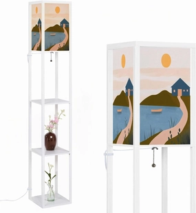 Landscape Abstract Boho House Aesthetic Minimal Nature Floor Lamps with Shelves, Modern Standing Lamp Narrow Corner Display Bookshelf Lamp for Living Room, Bedroom, Office Decor