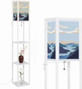 Landscape Abstract Modern Contemporary sea Ocean Mountains Floor Lamps with Shelves, Modern Standing Lamp Narrow Corner Display Bookshelf Lamp for Living Room, Bedroom, Office Decor