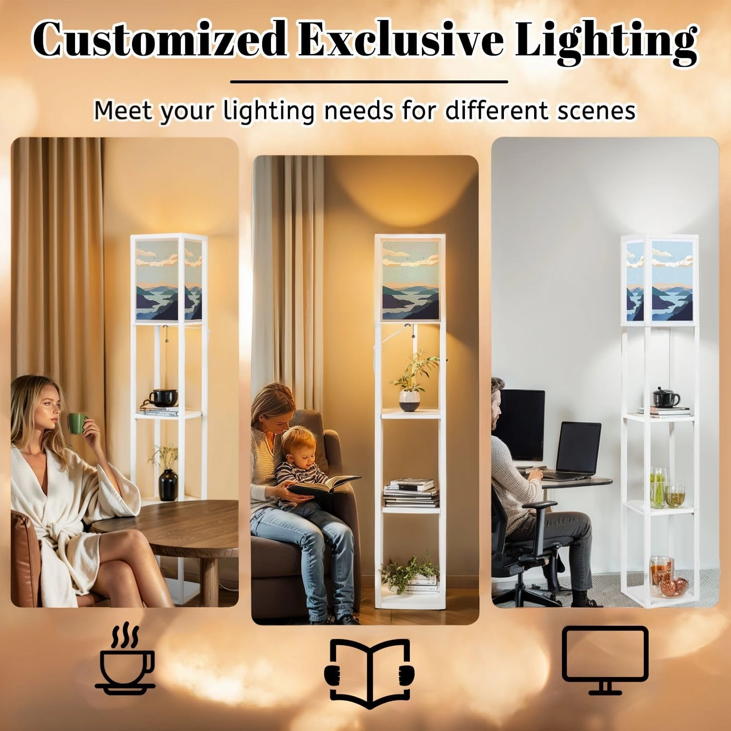 Landscape Abstract Modern Contemporary sea Ocean Mountains Floor Lamps with Shelves, Modern Standing Lamp Narrow Corner Display Bookshelf Lamp for Living Room, Bedroom, Office Decor