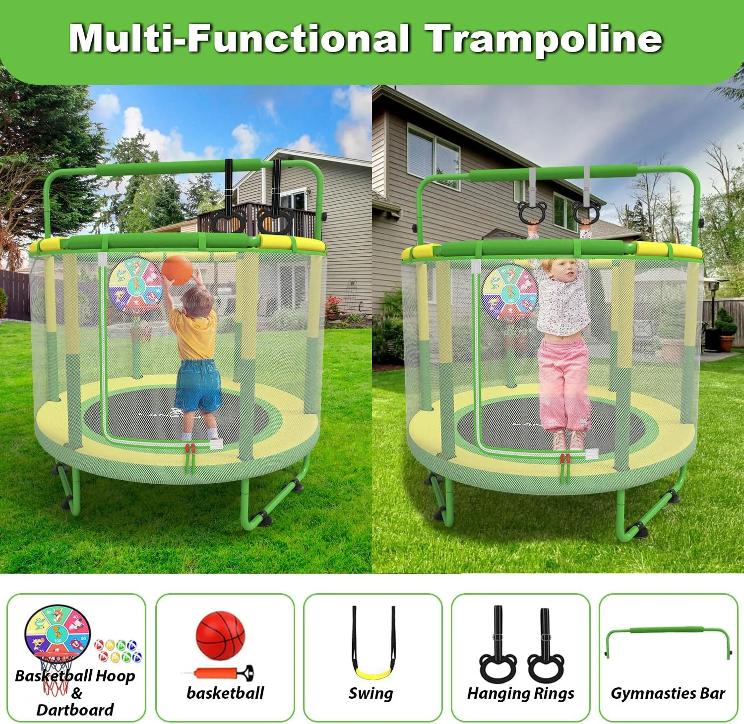 LANGXUN 60" Trampoline for Kids, 5ft Mini Toddler Indoor & Outdoor Trampoline with Net, Basketball Hoop & Dart Board, Birthday Gifts for Boys & Girls, Baby Toddler Christmas Toys