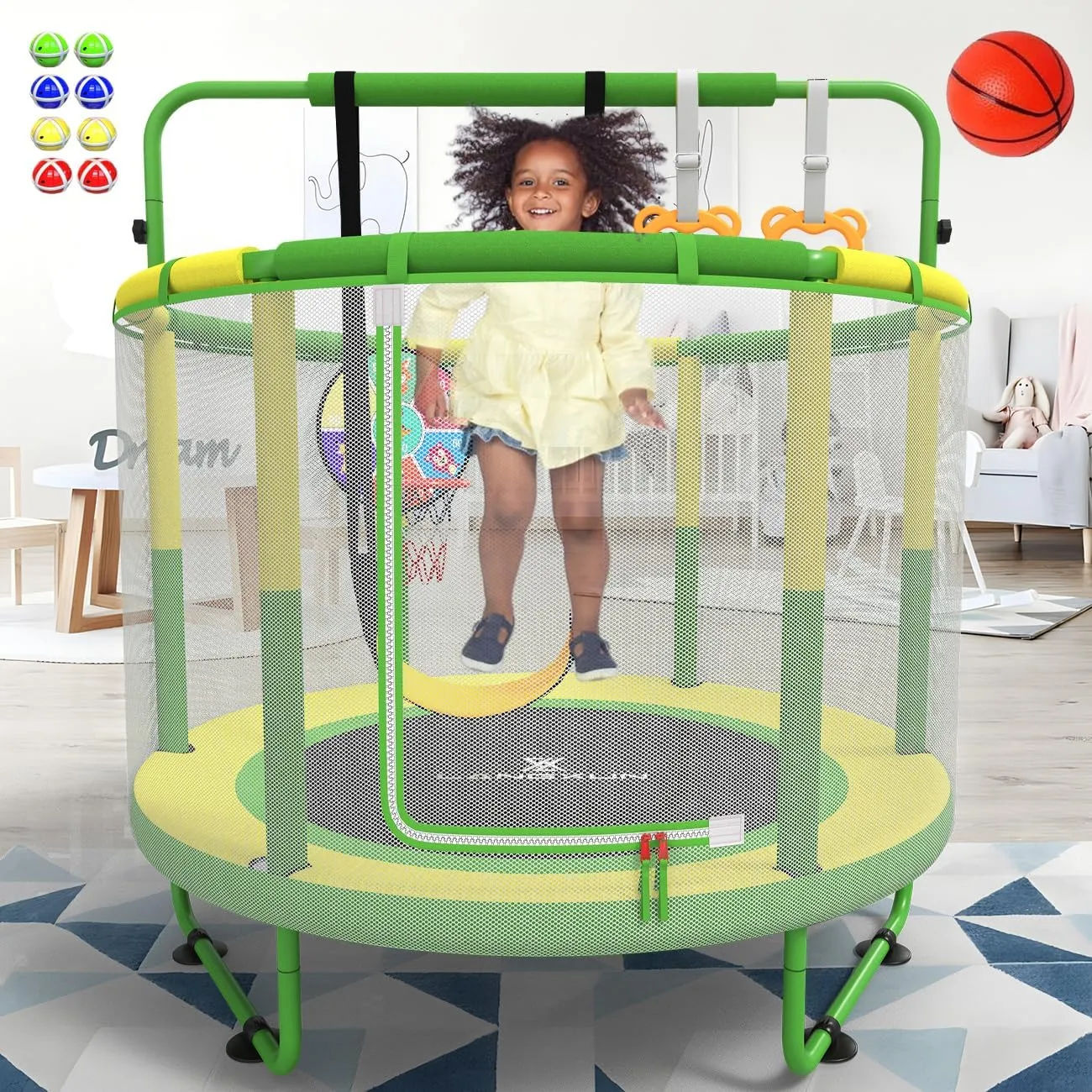 LANGXUN 60" Trampoline for Kids, 5ft Mini Toddler Indoor & Outdoor Trampoline with Net, Basketball Hoop & Dart Board, Birthday Gifts for Boys & Girls, Baby Toddler Christmas Toys
