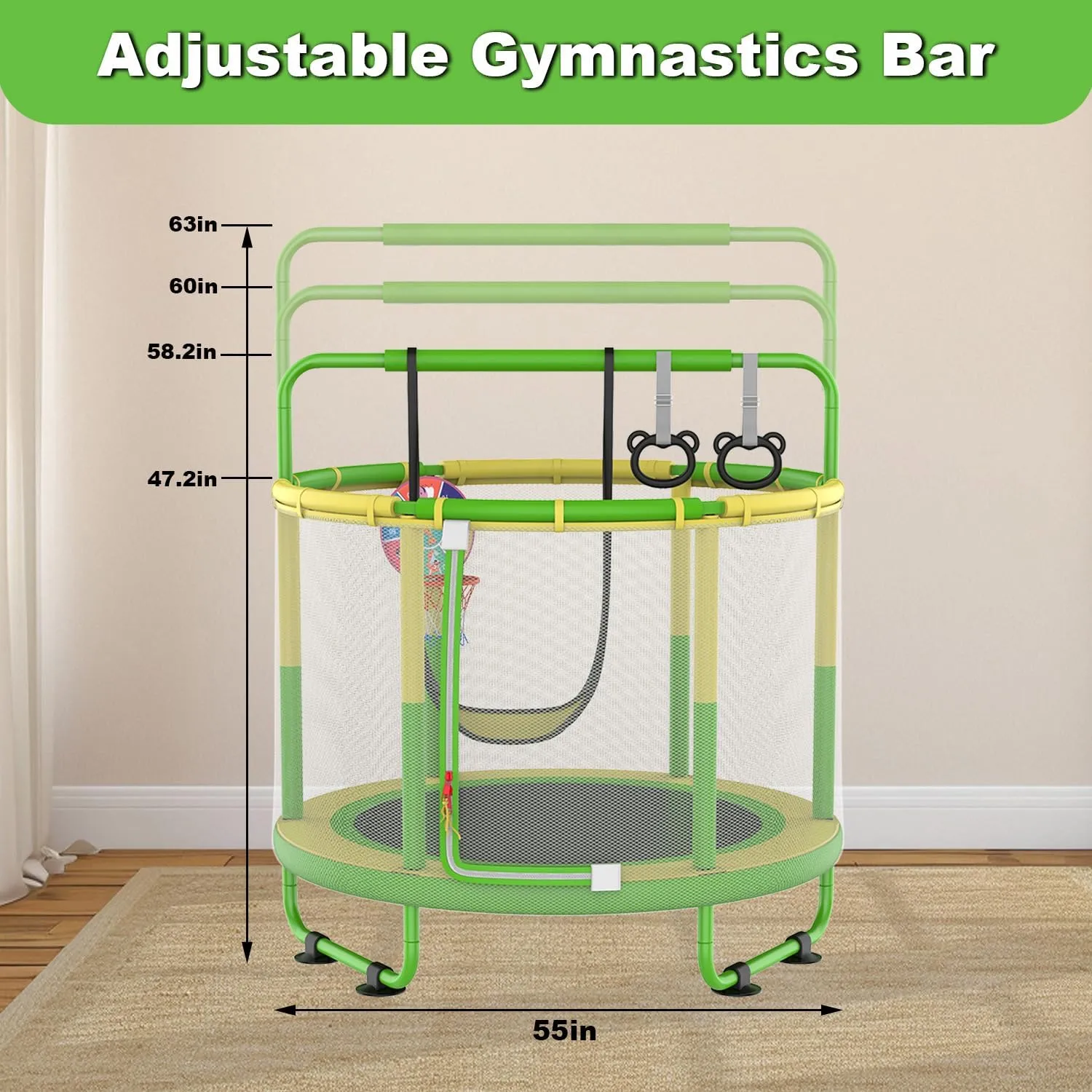 LANGXUN 60" Trampoline for Kids, 5ft Mini Toddler Indoor & Outdoor Trampoline with Net, Basketball Hoop & Dart Board, Birthday Gifts for Boys & Girls, Baby Toddler Christmas Toys