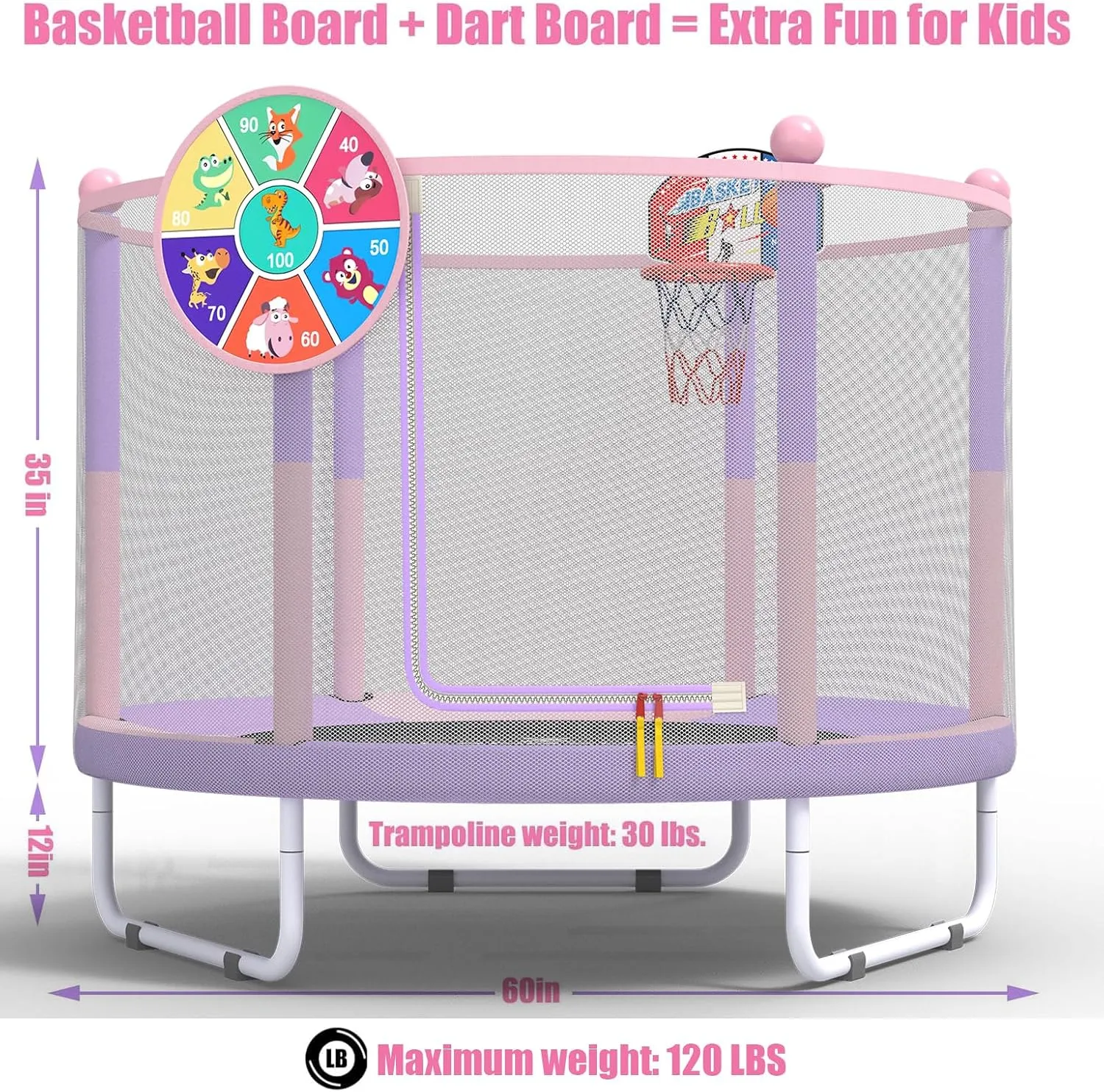LANGXUN 60" Trampoline for Kids, 5ft Mini Toddler Indoor & Outdoor Trampoline with Net, Basketball Hoop & Dart Board, Birthday Gifts for Boys & Girls, Baby Toddler Christmas Toys