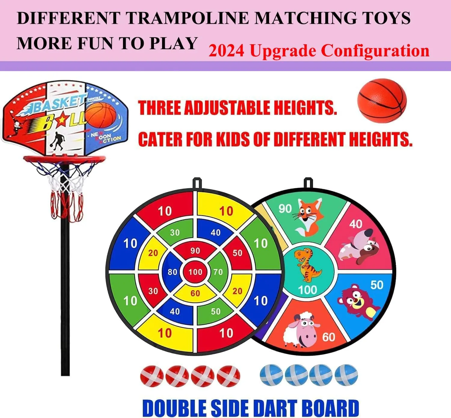 LANGXUN 60" Trampoline for Kids, 5ft Mini Toddler Indoor & Outdoor Trampoline with Net, Basketball Hoop & Dart Board, Birthday Gifts for Boys & Girls, Baby Toddler Christmas Toys