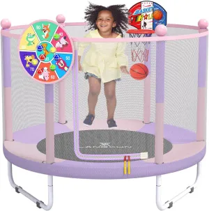LANGXUN 60" Trampoline for Kids, 5ft Mini Toddler Indoor & Outdoor Trampoline with Net, Basketball Hoop & Dart Board, Birthday Gifts for Boys & Girls, Baby Toddler Christmas Toys