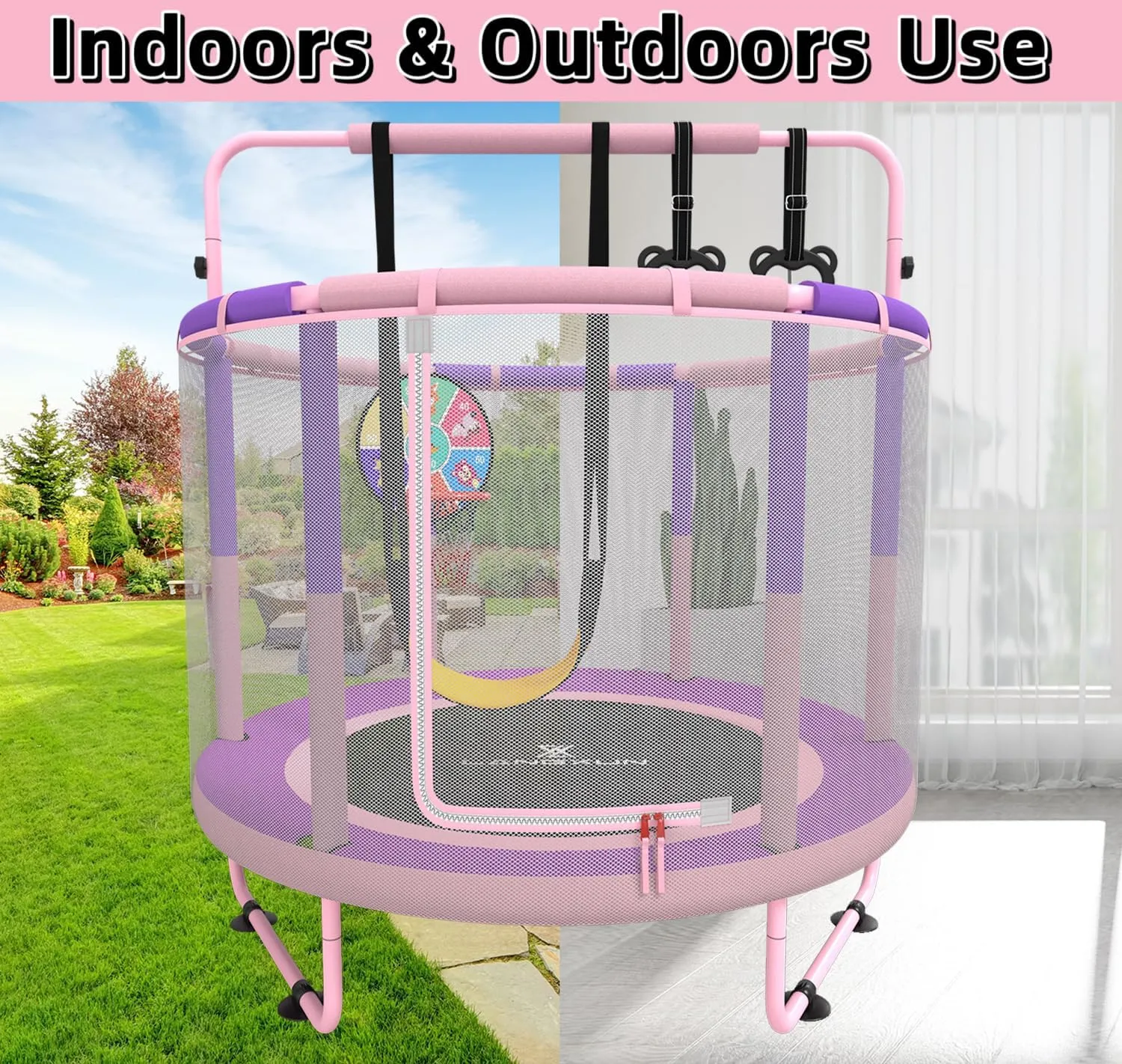 LANGXUN 60" Trampoline for Kids, 5ft Mini Toddler Indoor & Outdoor Trampoline with Net, Basketball Hoop & Dart Board, Birthday Gifts for Boys & Girls, Baby Toddler Christmas Toys