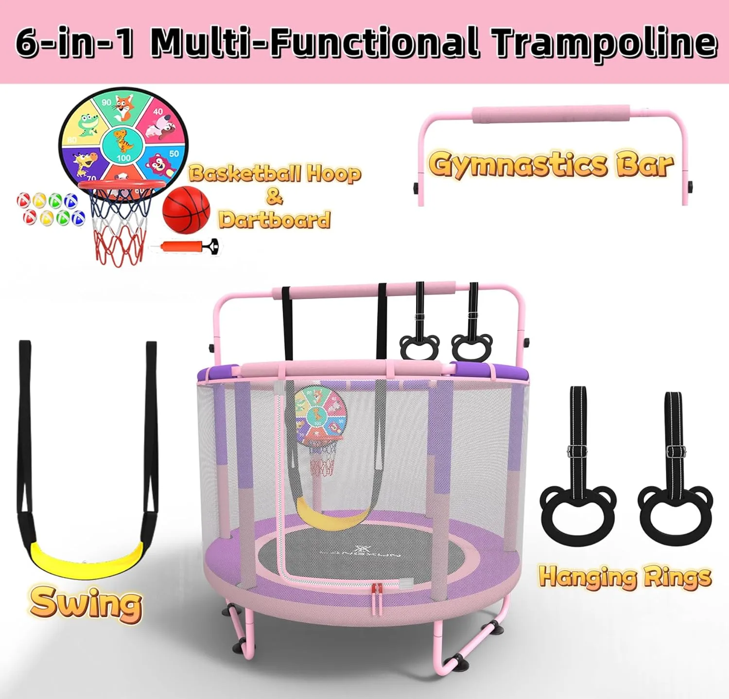 LANGXUN 60" Trampoline for Kids, 5ft Mini Toddler Indoor & Outdoor Trampoline with Net, Basketball Hoop & Dart Board, Birthday Gifts for Boys & Girls, Baby Toddler Christmas Toys